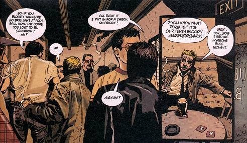 Stuart Moore, Jamie Delano, Axel Alonso and Paul Jenkins cameos on page 3 of Hellblazer #120