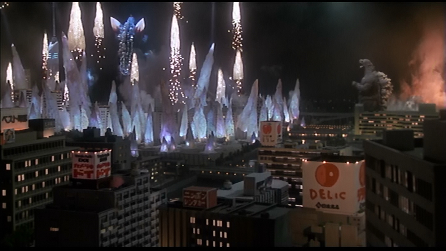 Enlightened Godzilla, levitating above the city.